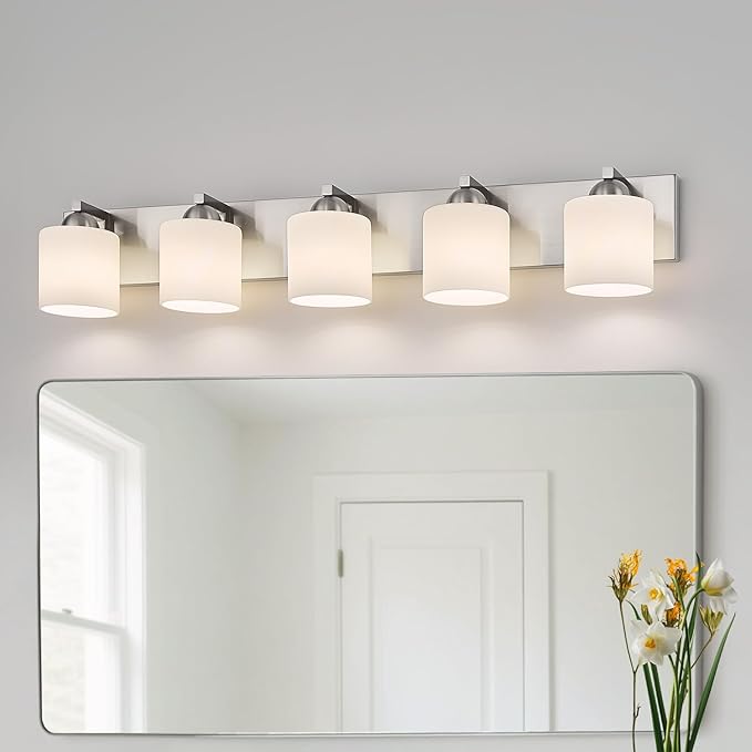 mirrea 38-Inch 5-Light Brushed Nickel Vanity Lights for Bathroom, Vanity Lighting Fixtures with Etched White Glass Shades