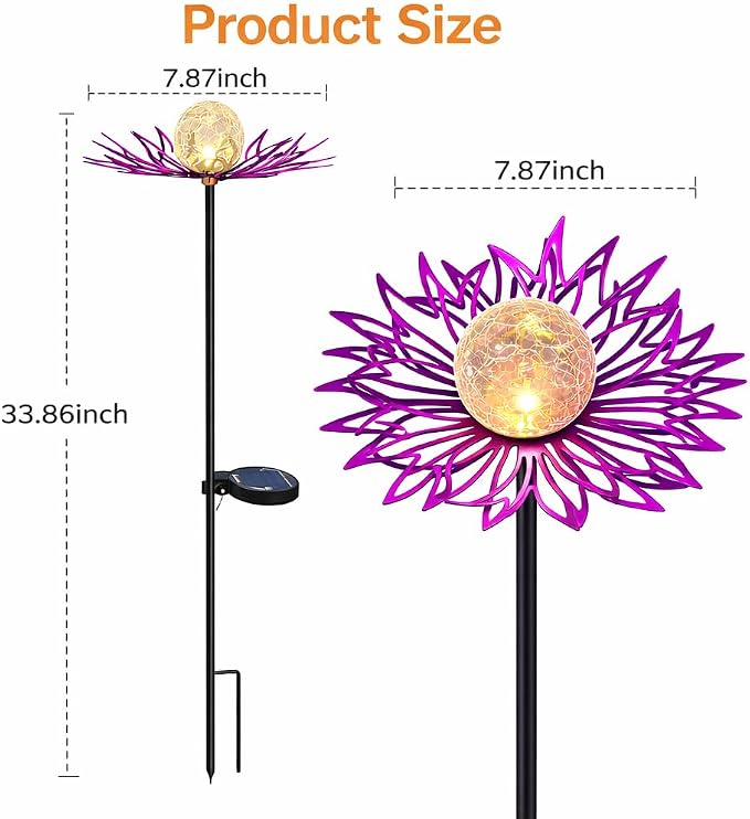 Solar Garden Lights Outdoor Decor, Metal Flower Solar Stake Light with Warm White Crackle Glass, Waterproof Yard Art Ornament for Patio Lawn Backyard, Unique Gardening Gifts for Women (Purple)