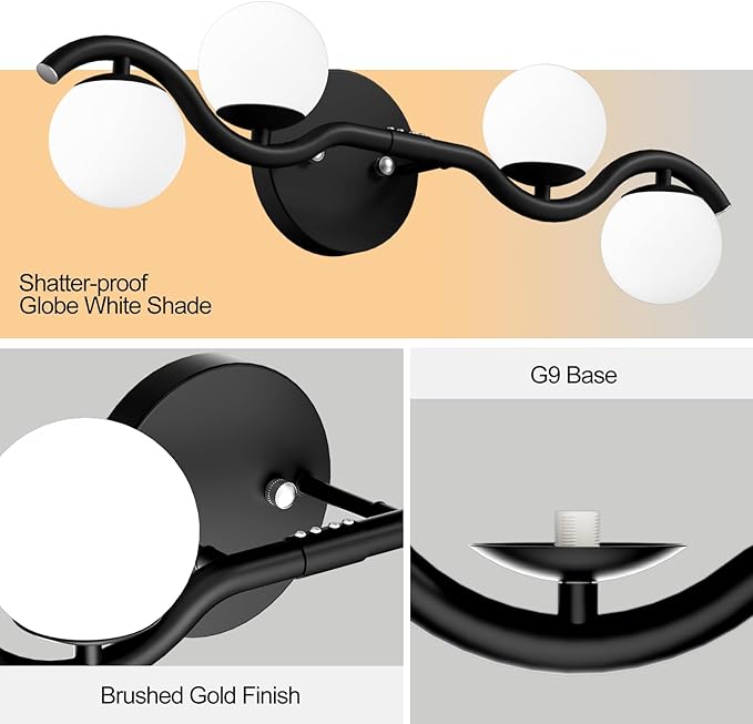Lightdot 4-Light Bathroom Light Fixtures, 27" Modern Black Vanity Light with White Globe Water/Shatterproof Shades/S-Frame, Rust-Proof Bathroom Wall Lamp for Mirror Living Room Kitchen Cabinet Hallway