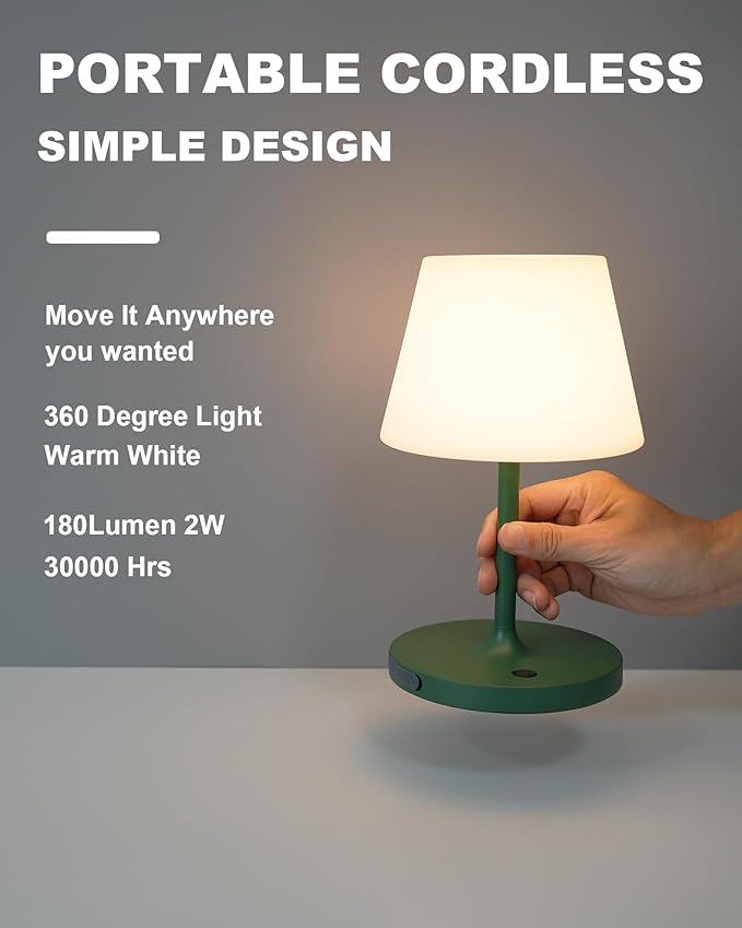 WEILAILUX Outdoor Battery Operated Table Lamp Waterproof, 4000mAh Cordless Table Lamp Rechargeable, Touch Dimmable Desk Lamp, LED Night Light for Patio Camping Restaurant Home, H9.6in, Green