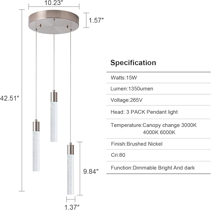 Modern Pendant 3 Light with Adjustable Height - Brushed Nickel & Clear Glass Cylinder Island Lights, 3000-6000K Dimmable Kitchen Pendant Lighting for Kitchen Island, Dining Room, Bar Counter