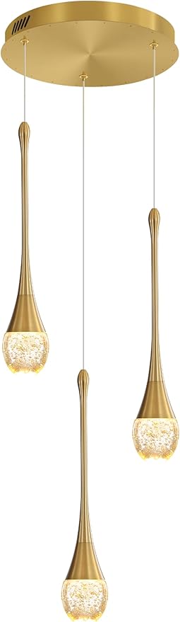 ykolupty 3-Light Gold Chandelier with Dimmable Ceiling Light Crystal Pendant Light for Kitchen Island, Dining Room, Living Room, Entry Hallway