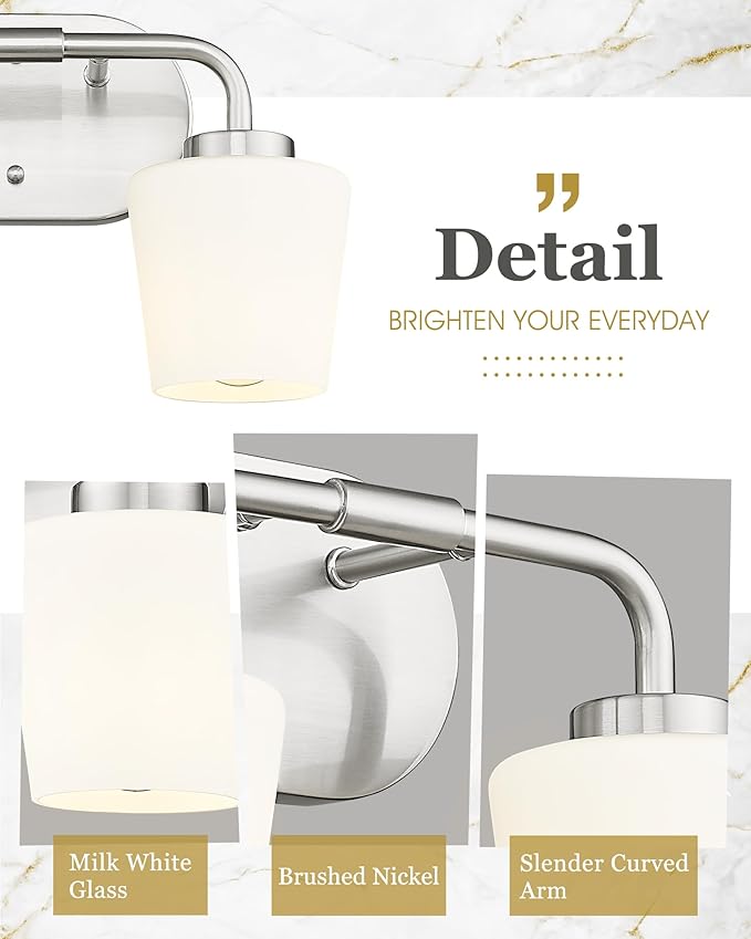 Bathroom Light Fixtures Over Mirror, 2-Light Brushed Nickel Vanity Lighting Fixtures with Milk White Glass, Vintage Farmhouse Wall Sconces Lighting, AD-22004-2W-SN