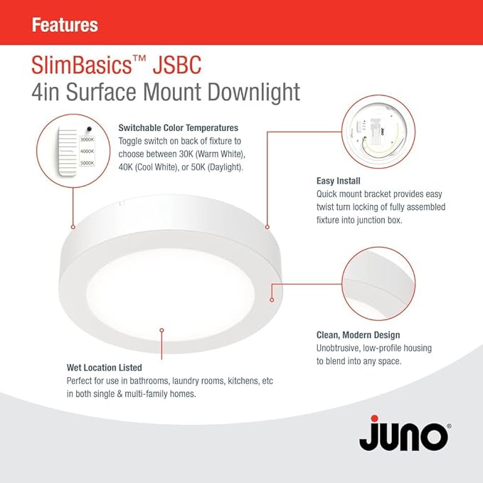 Juno Slim Basics 4 Inch LED Ceiling Light, Low Profile Surface Mount Downlight for Shower or Closet Lighting, 3000K/4000K/5000K Selectable White Light, Edged Trim, Wet Rated, Matte White