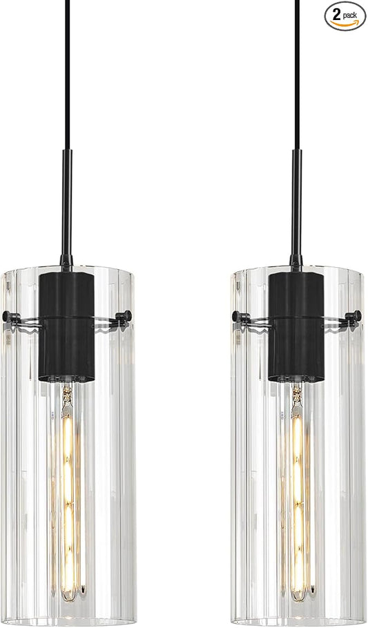 Glass Black Pendant Light, 2 Pack Modern Kitchen Island Pendant Lighting with Ribbed Glass, Adjustable Cord Pendant Light for Over Island, Dining Room, Bathroom Bedroom