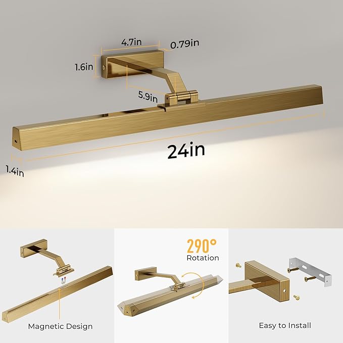 Afyuol Picture Lights for Wall, Brass Battery Operated Picture Light 24in Art Light CCT Dimmable Recharging Battery Wall Light with Remote Control for Living Room Gallery