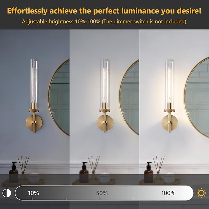 Bathroom Sconces Set of 2, 19.5" Brushed Cylinder Wall Sconces, Gold Vanity Lights for Bathroom Mirror with E26 Bulbs Included
