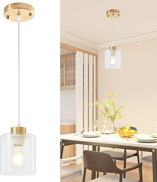 1-Light Gold Pendant Lights Kitchen Island, Modern Farmhouse Hanging Light Fixture, 39Inches Adjustable Ceiling Light for Dining Room, E26 Base, Clear Glass Shape (1 Pack)