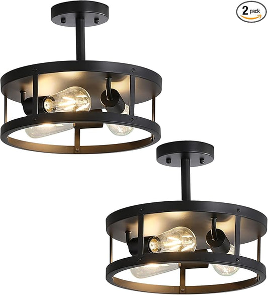 Black Close to Ceiling Light Fixtures 2 Pack, 13 Inch Farmhouse Semi Flush Mount Ceiling Light, 3-Lights E26 Indoor Metal Cage Drum Flush Mount Ceiling Light for House Hallway Kitchen Bedroom