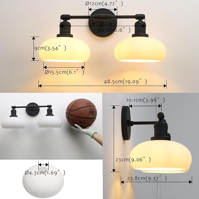 Pathson 2-Lights Milky Glass Wall Sconce, Hardwired Double Head Bathroom Sconces, Vintage Wall Lamps for Vanity Mirror, Living Room, Bedroom, Farmhouse Lighting