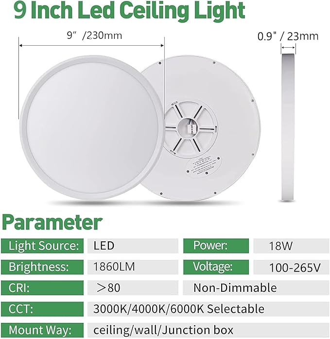 8PK 9 Inch LED Flush Mount Ceiling Light, 18W, 1860LM, 3000K/4000K/6000K CCT Selectable, Round Flat Panel Low Profile Ceiling Light Fixtures for Hallway, Kitchen, Bedroom, Laundry Room