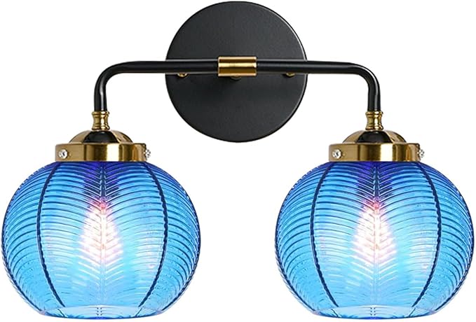 Bathroom Light fixtures Over Mirror Mid Century Vanity Light with Blue Ribbed Glass Shade Globe Wall Sconce 2-Lights Modern Vanity Lights for Dining Room Bedroom Hallway Overhead