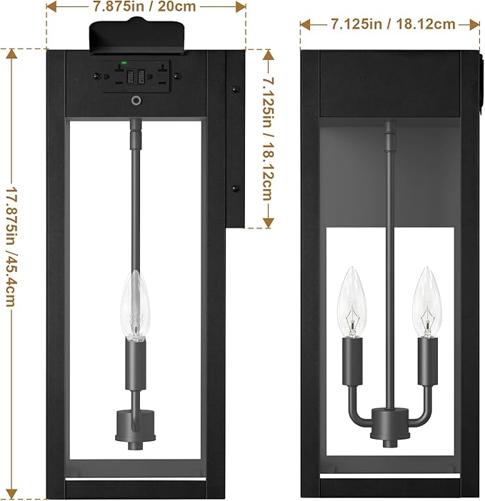 2-Pack 17.87" Extra Large Outdoor Wall Lights with GFCI Outlet, Black 2-Light Porch Lights Outdoor, Waterproof Exterior Lamp with E12 Sockets for House, Porch, Patio, Garage
