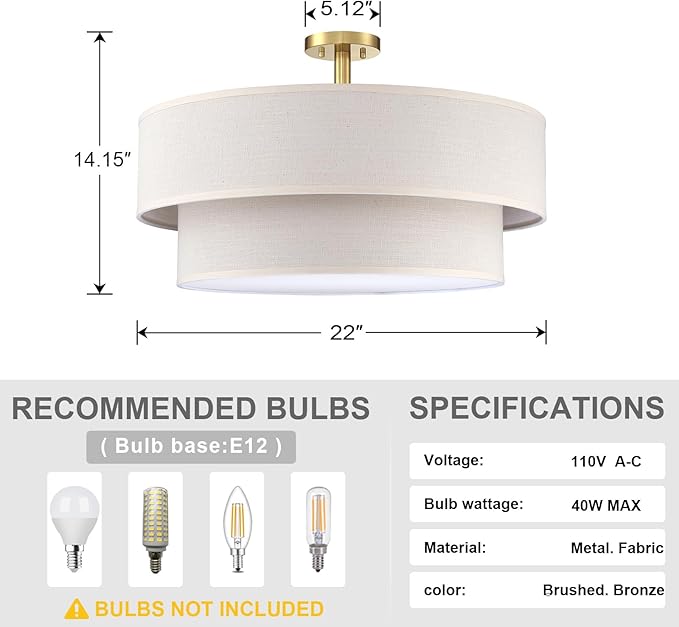 5 Light Semi Flush Mount Close to Ceiling Light Fixture,Cream Linen Fabric Shade Brushed Bronze Finish 22 inch for Bedroom,Living Room,Dining Room Hallway