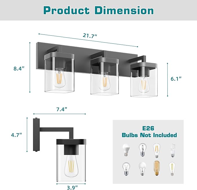 Bathroom Lighting Fixtures Over Mirror, Square Design & Rectangle Large Backplate, 3 Lights Morden Vanity Lighting Fixtures, Bathroom Light Fixtures for Bathroom/Living Room/Bedroom, Black