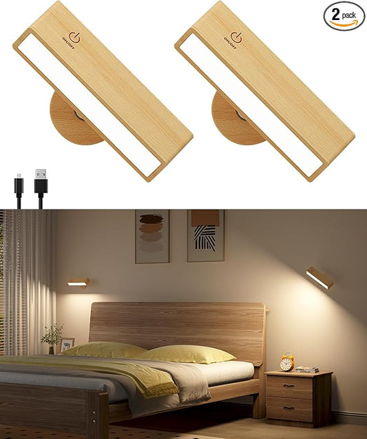 DetarZinLED Battery Operated Wall Sconces Set of 2,Rechargeable Wall Lights Wood,Stick On Wall Lights for Bedroom,Wall Mounted Bedside Reading Lamps Dimmable,Battery Powered Wall Lamp for Bedroom