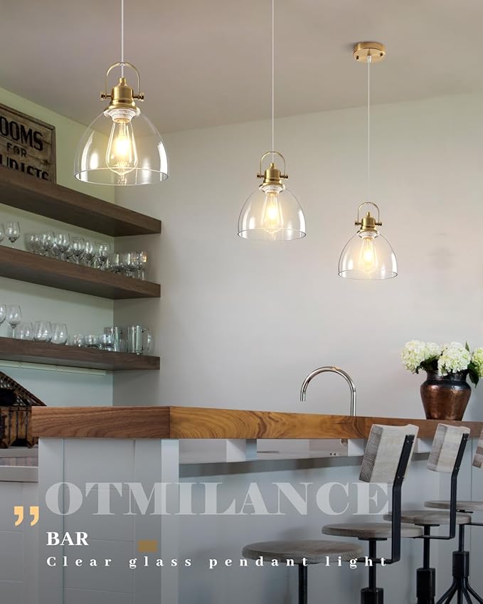 Glass Pendant Lights Kitchen Island, 7.5 inch Gold Glass Pendant Lights 1-Pack, Modern Pendant Light with Clear Glass Shade, Farmhouse Kitchen Pendant Light for Dining Rooms, Kitchen Island