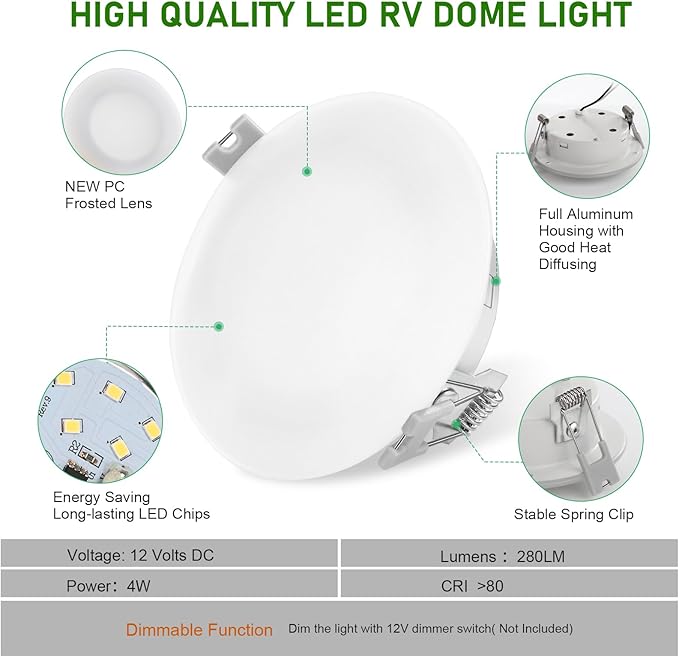 12V RV Interior Light, 4.5 Inch Recessed LED Ceiling Dome Puck Light,Frosted Glass-Style Cover, for Camper Van Trailer and Boat, Easy Mount Warm White (Pack 2)