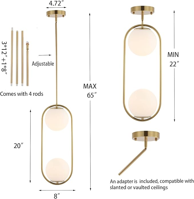 BYOLIIMA Modern Gold Globe Chandelier 2-Lights Mid Century Pendant Light Brushed Brass Ceiling Hanging Lighting Fixture with White Globe Glass Lampshade for Kitchen Island Dining Room Bedroom