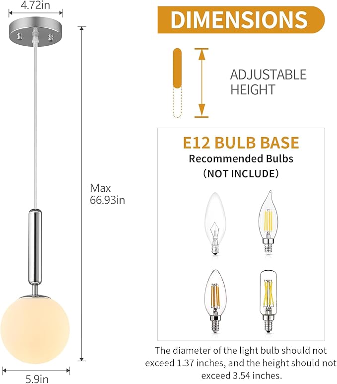 Modern Hanging Light Fixture Pendant Lighting for Kitchen Island Mid Century Chrome Pendant Lights with Globe Milky White Glass Pendant Light for Bedroom Bathroom Entryway (3 Pack)