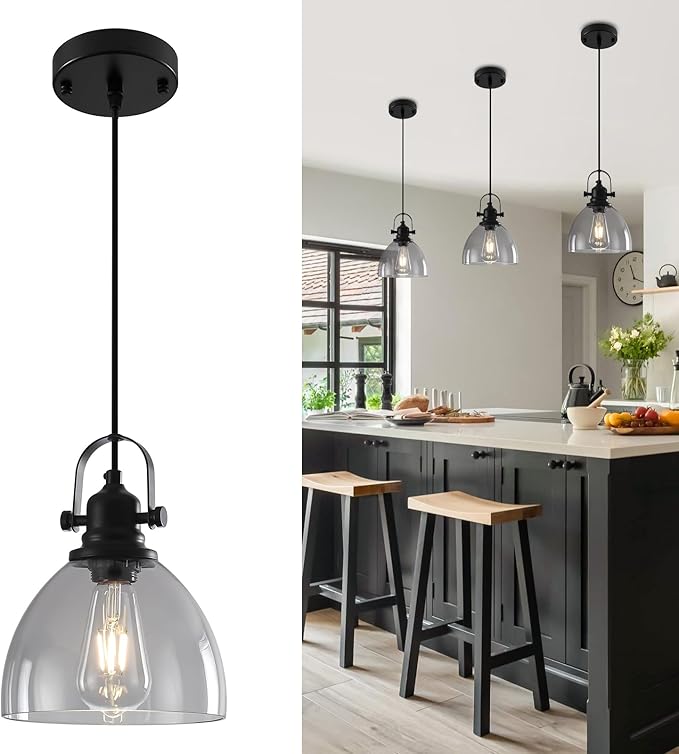 Smoke Gray Glass Pendant Lights Kitchen Island, 7.5 “Industrial Glass Pendant Lights 1-Pack, Modern Clear Kitchen Island Lighting, Light Pendants for Kitchen Island, Living Room, Bathroom