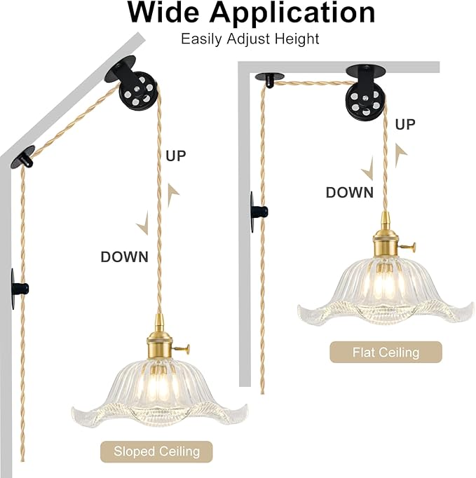 Plug in Pendant Light Vintage, Adjustable Pulley Hanging Lamp with Transparent Lily Glass Shade, Brass Hanging Lights with Plug in Cord for Kitchen, Compatible with Indoor Plant Grow Light Bulbs