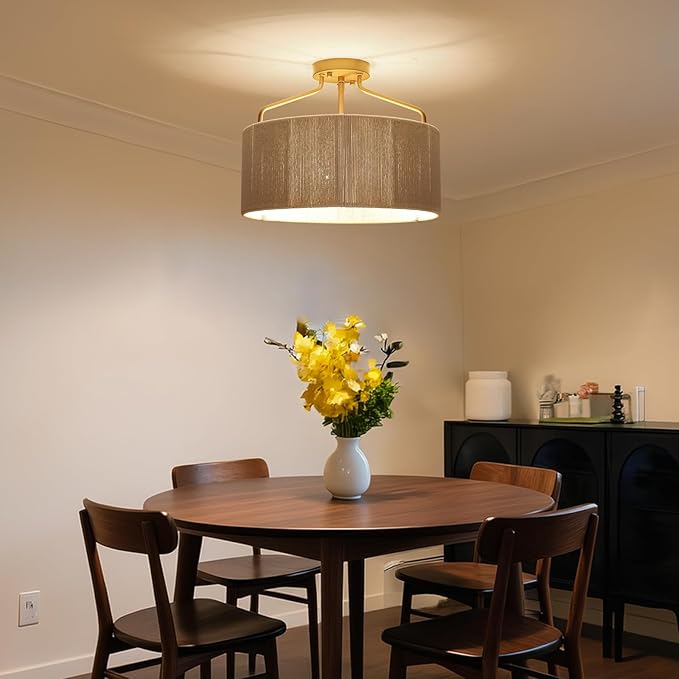 15.75" Gold Semi Flush Mount Ceiling Light Fixture 3-Light Drum Boho Light Fixture with Hand Woven Shade Kitchen Light Fixtures Coastal Chandelier for Bedroom Entryway Foyer Nursery Dining Room