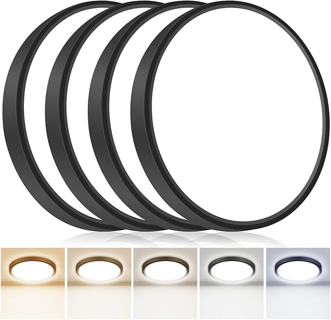4PACK Flush Mount LED Ceiling Light Fixtures 5 Color Temperatures in One &100W Equivalent Flat Bathroom Ceiling Light,7Inch 15W Thin Round Black Surface Flushmount Fixture for Closet,Bedroom,Kitchen