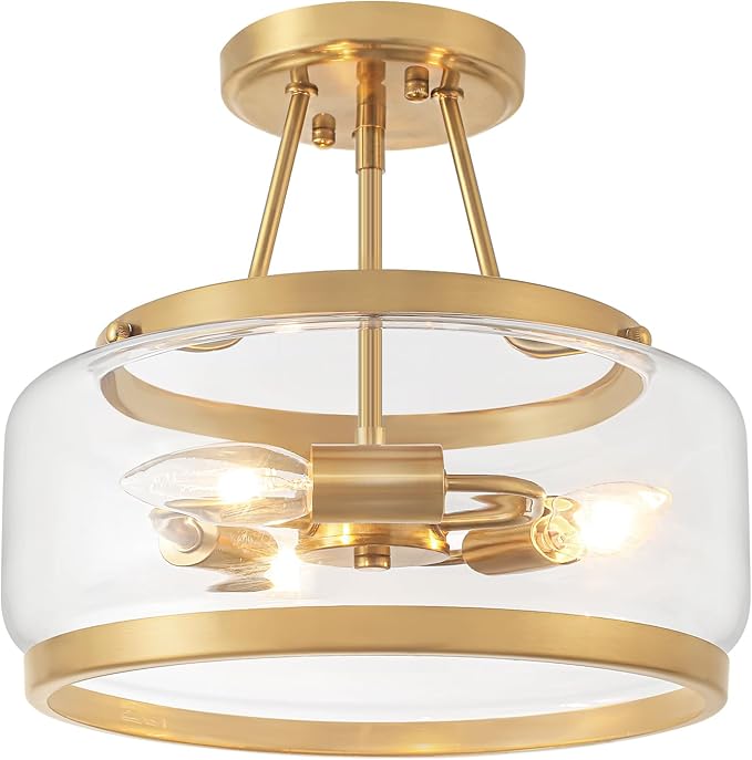 11.81" Brushed Gold Semi Flush Mount Ceiling Light, Modern Glass Drum Light Fixtures, 3-Light Golden Ceiling Lights for Hallway Entryway Bedroom Laundry Room Kitchen Dining Room Bathroom Lighting