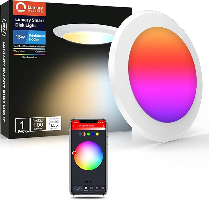Lumary Smart Flush Mount Ceiling Lights 5/6 Inch, RGBWW WiFi LED Disk Light, Color Changing 2700-6500K Dimmable Recessed Lighting, Surface Mount, Compatible with Alexa/Google Assistant