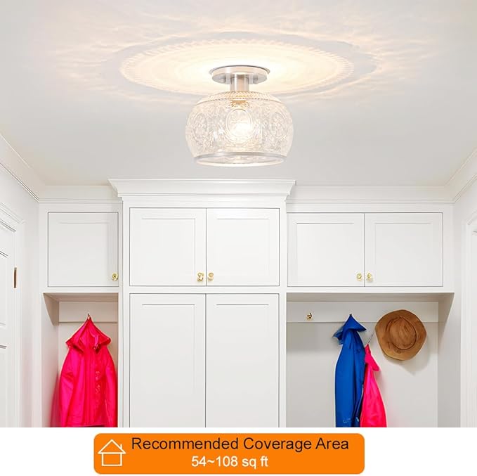 Brushed Nickel Semi Flush Mount Ceiling Light, Vintage Hallway Ceiling Light Fixture with Globe Glass, Small Overhead Light Fixtures Ceiling Mount for Kitchen, Bathroom, Small Bedroom