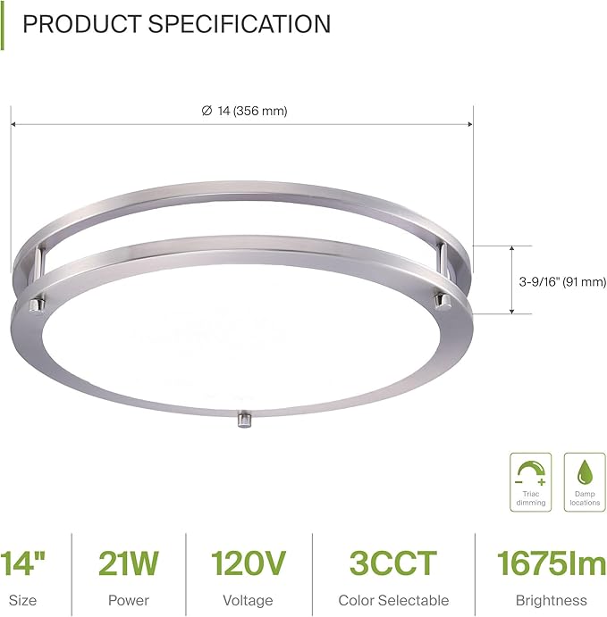 ASD LED 14" Round Flush Mount Lighting, Close to Ceiling Light Fixture | 3CCT, Dimmable, Energy Star, ETL Listed | 21W 1675LM 3000-5000K 120V | Low Profile Double Ring Lamp | Nickel, 4 Pack