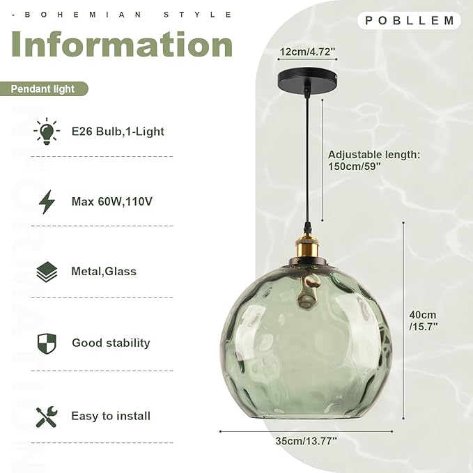 Green Glass Hanging Light Fixture, 13.8" Large Globe Pendant Light Hammered Glass Shade, Mid Century Modern Single Black and Gold Pendant Light for Kitchen Island Dining Room Bedroom