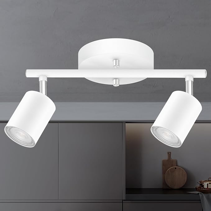 Track Lighting Fixture Ceiling White, Modern LED Track Lights Kit, 2 Lights Ceiling Lighting for Kitchen, Rotatable Spotlight Heads, Wall Mount Spot Lighting for Island/Bedroom(GU10 Socket, NO Bulb)