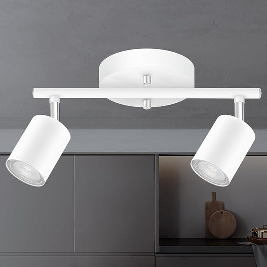 Track Lighting Fixture Ceiling White, Modern LED Track Lights Kit, 2 Lights Ceiling Lighting for Kitchen, Rotatable Spotlight Heads, Wall Mount Spot Lighting for Island/Bedroom(GU10 Socket, NO Bulb)