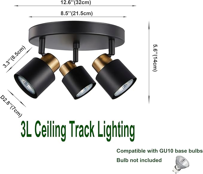 3 Light Track Lighting Kit, Matt Black Brass Finish Canopy with Moden Flush Mount Ceiling Spotlight for Kitchen,Dining,Living Room,Home Improvement