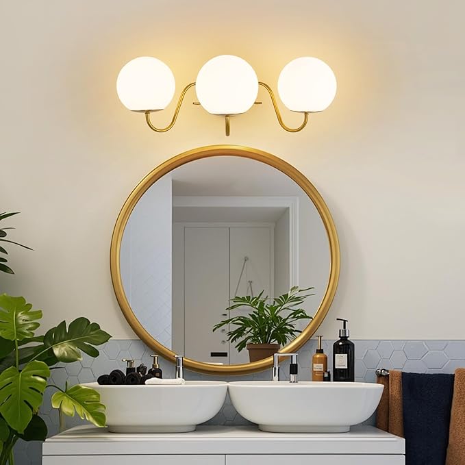 3 Lights Vintage Bathroom Vanity Light Fixtures Over Mirror, Brushed Gold Vanity Lights For Bathroom With Milk White Glass Globe Shade, Wall lights For Bedroom, Hallway, Dressing Table,Includ G9 Bulbs