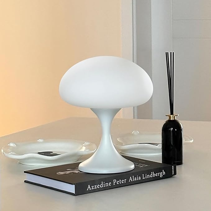 MAGCHARM Mushroom Lamp, 5W LED Cordless Rechargeable Table Lamp with Glass Shade, Small Retro Dimmable Touch Light with 3 Color Temps, Aesthetic Mid Century Bedside Light for Bedroom Ambient, White