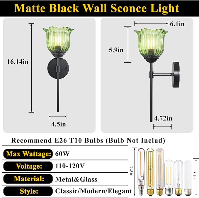 Black Wall Sconces, Farmhouse Wall Lights with Green Glass Flower Shade, Hardwired Wall Mount Light Fixtures for Living Room, Bathroom, Bedroom, Hallway, 2 Pack