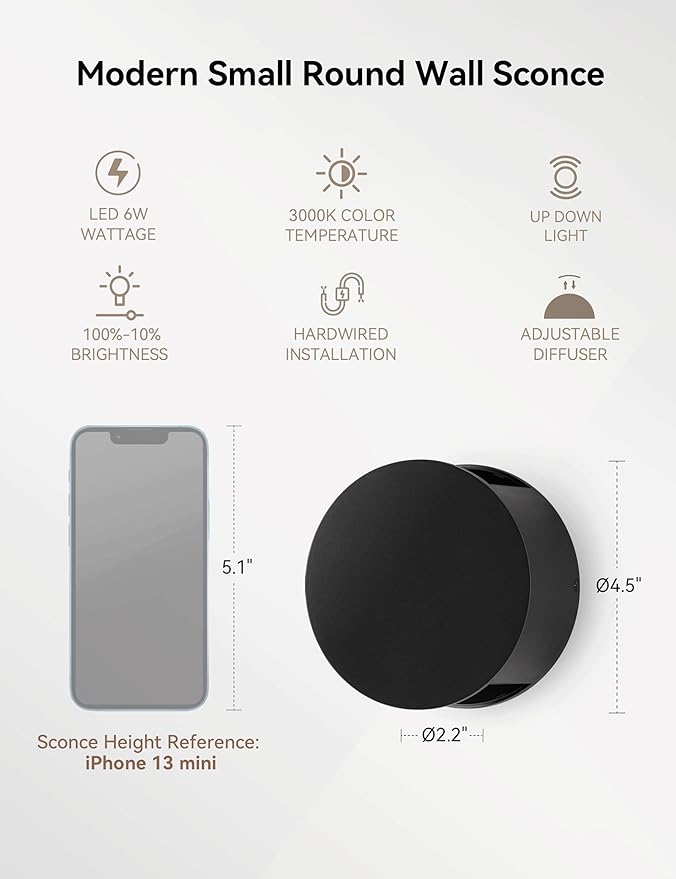 Tubicen Wall Sconce Set of 2 Black Round Wall Lights Beam-Adjustable LED Dimmable Movie Theater Sconce Lighting Up Down Hardwired Indoor Small Wall Lights for Living Room Bedroom Hallway Stairway
