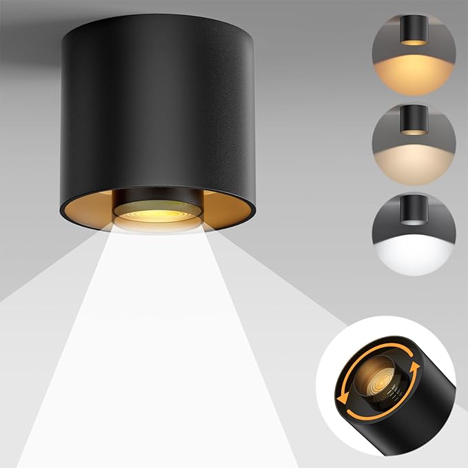 3-Color&Watt Zoomable Ceiling Spotlight Fixtures, Flush Mount Ceiling Light Fixture Dimmable LED Spot Lights Indoor, 4.72" Cylinder Light for Hallway Kitchen Entryway Foyer, 30W Black