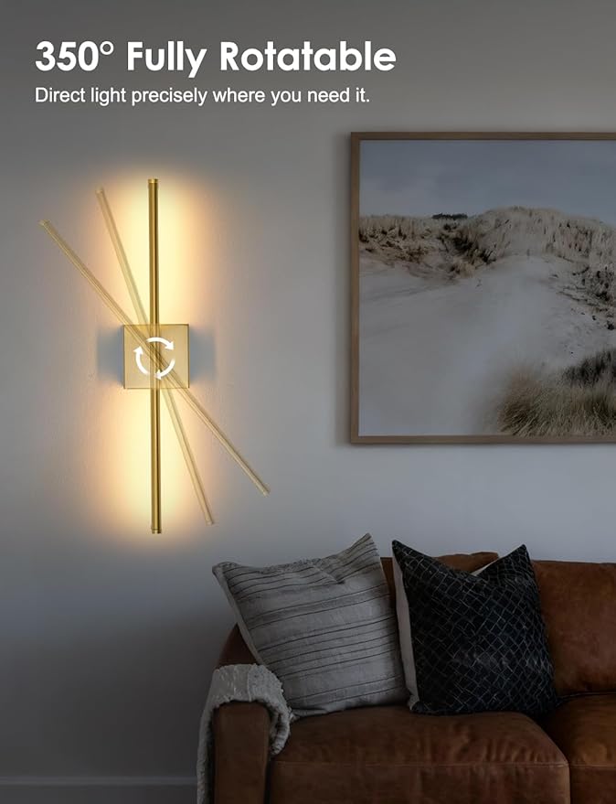 KARTOOSH 24.4 Inch Hardwired Wall Sconces Set of Two, 3000K Warm White Dimmable Modern Wall Sconces, 350° Rotate LED Light Fixtures Wall Lamp for Bathroom Living Room Bedroom Bedside, Brushed Brass