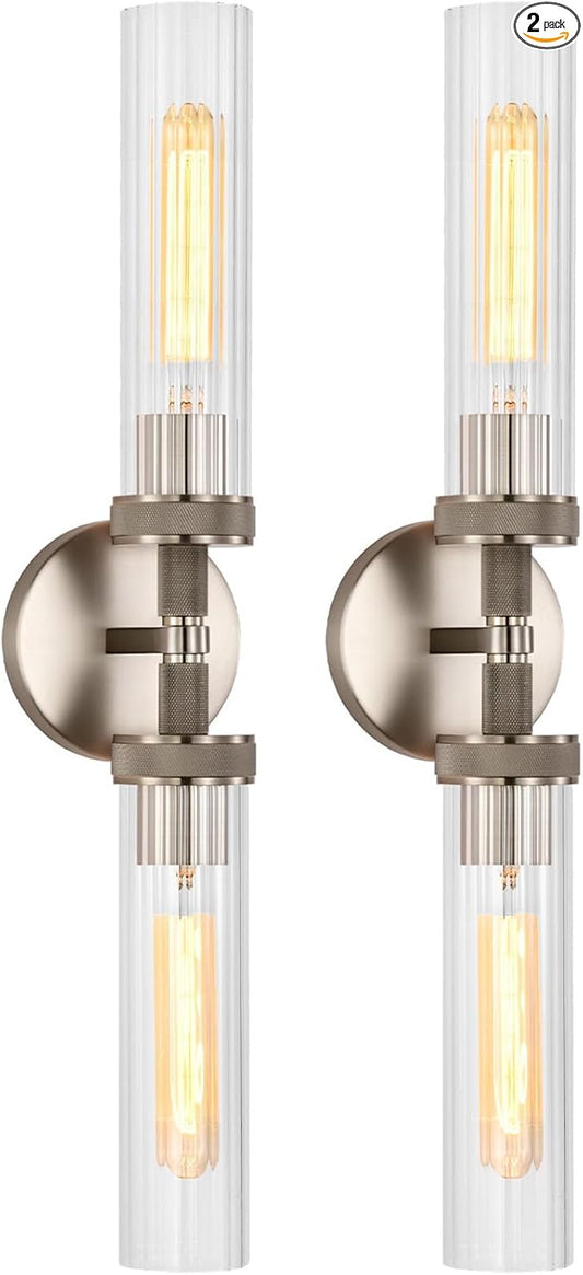LaLuLa 2-Light Brushed Nickel Vanity Wall Lights Set of 2 –Hardwired Bathroom Light Fixtures with Rippled Glass Shades and Textured Metal Body, Chrome Accent Sconces for Over Mirror or Hallway