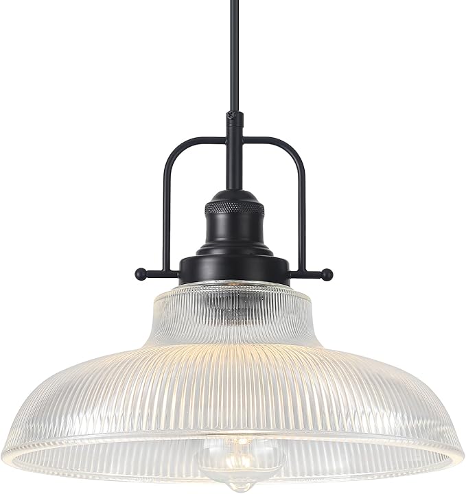Black Glass Pendant Lights Kitchen Island 1 Pack, 12-inch Ribbed Glass Kitchen Pendant Lights, Farmhouse Pendant Lighting Over Island, Sink, Bar, Vintage Pendant Light for Dining Room