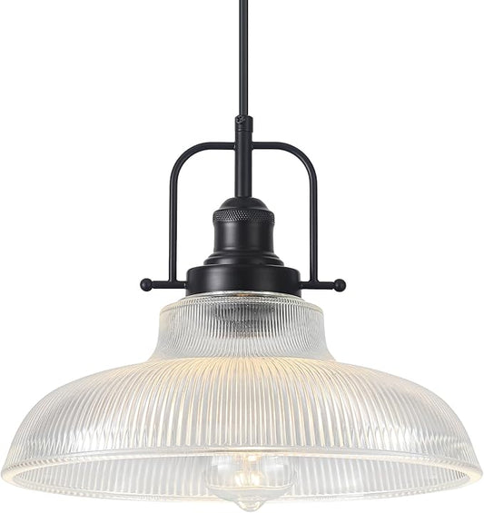 Black Glass Pendant Lights Kitchen Island 1 Pack, 12-inch Ribbed Glass Kitchen Pendant Lights, Farmhouse Pendant Lighting Over Island, Sink, Bar, Vintage Pendant Light for Dining Room