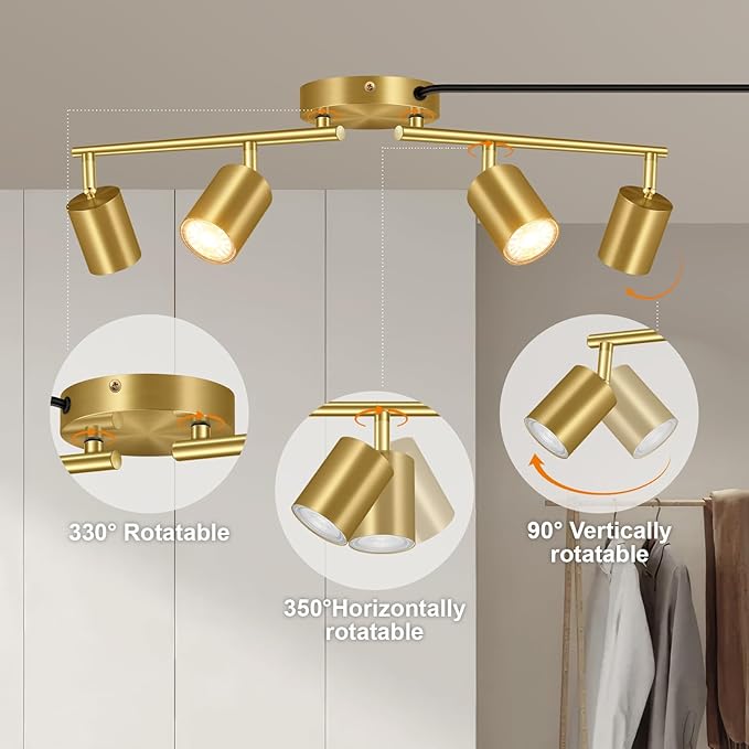 Track Lighting Plug in, LED Track Lighting Fixtures Ceiling Kit, Gold 4-Light Ceiling Light Plug-in, Wall Light with 14.8ft Power Cord, Rotatable Kitchen Spotlight for Bedroom(GU10 Socket, NO Bulb)