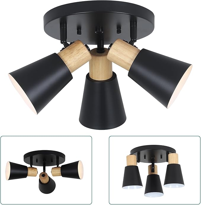 Industrial Flush Mount Ceiling Light Fixture, 3-Lights Multi-Directional Rotating Ceiling Lamp, Metal Black Kitchen Light Fixtures Ceiling Mount, Vintage Bedroom Ceiling Lights for Hallway Living Room