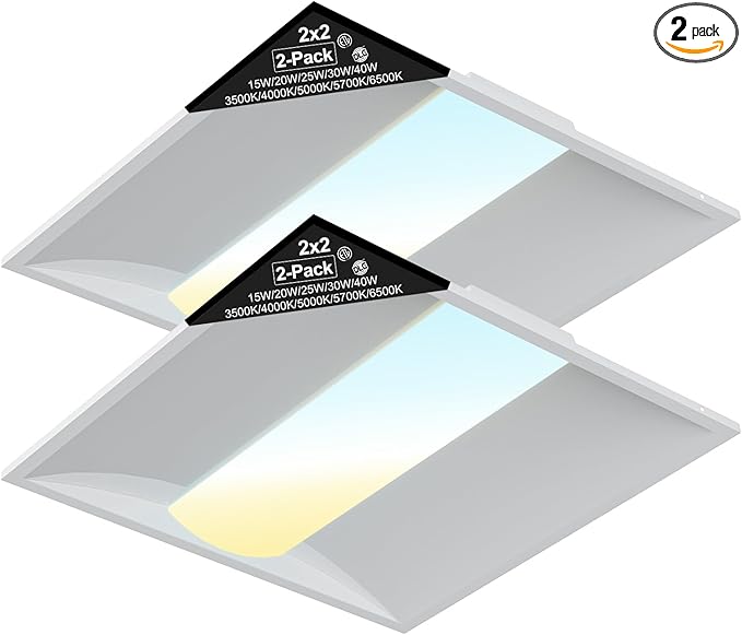 2x2 LED Troffer Light, 2-Pack, Backlit Panel, 15W–40W Selectable, 5CCT, 0–10V Dimmable, ETL, Drop Ceiling