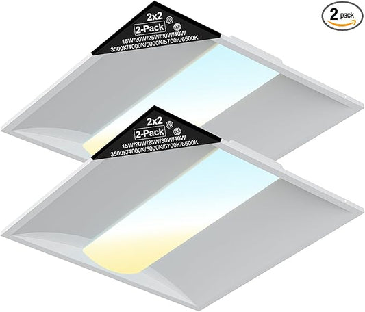 2x2 LED Troffer Light, 2-Pack, Backlit Panel, 15W–40W Selectable, 5CCT, 0–10V Dimmable, ETL, Drop Ceiling