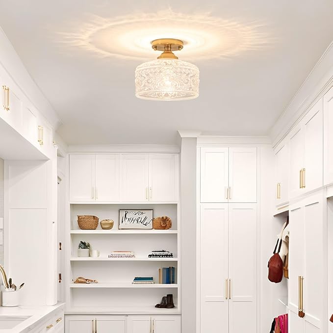Gold Semi Flush Mount Ceiling Light, Antique Brass Ceiling Light with Glass, Indoor Close to Ceiling Light Fixture, Entryway Light Fixtures, Overhead Lighting for Hallway Kitchen Bedroom Dining Room